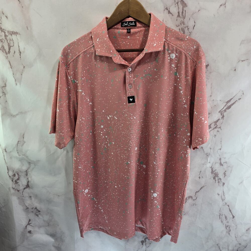 Bad Birdie Shirt Mens Large Pink Polo Short Performance Golf Splatter Speckled